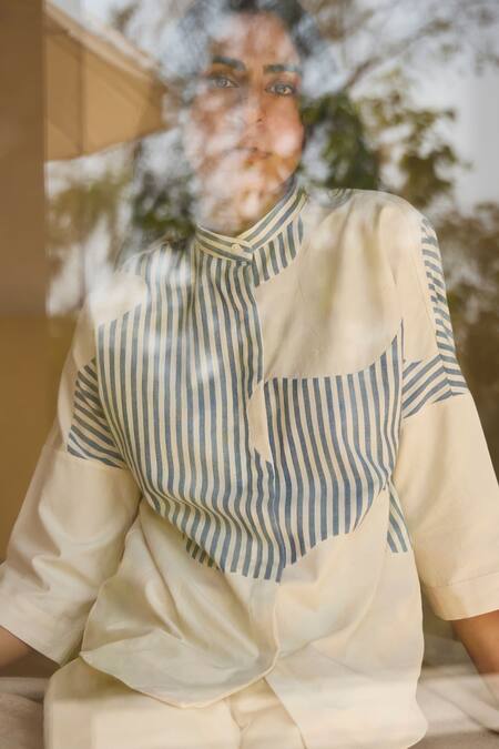 Shop The Summer House Off White Cotton Collared Placement Stripe Pattern Shirt Shop_The Summer House_Off White Cotton Collared Placement Stripe Pattern Shirt