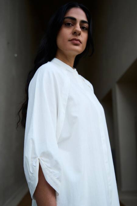 Buy The Summer House Off White Handloom Cotton Mandarin Collar Handwoven Tunic And Pant Set Online at Aza Fashions Buy_The Summer House_Off White Handloom Cotton Mandarin Collar Handwoven Tunic And Pant Set _Online_at_Aza_Fashions