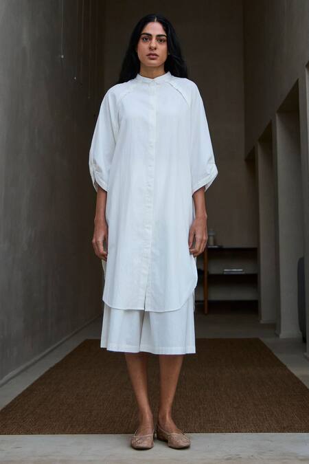 Shop The Summer House Off White Handloom Cotton Mandarin Collar Handwoven Tunic And Pant Set Shop_The Summer House_Off White Handloom Cotton Mandarin Collar Handwoven Tunic And Pant Set