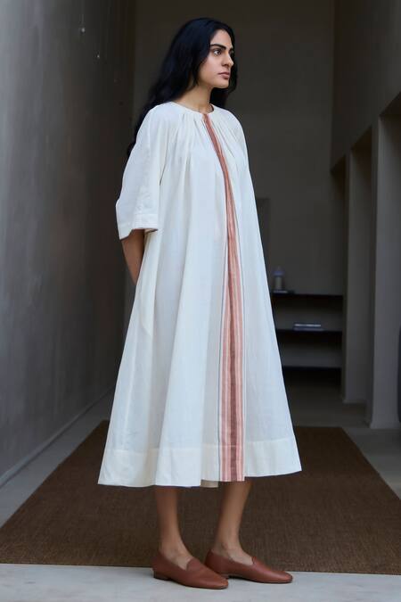 Buy The Summer House Off White Handloom Cotton Round Neck Handwoven Striped Midi Dress Online at Aza Fashions Buy_The Summer House_Off White Handloom Cotton Round Neck Handwoven Striped Midi Dress_Online_at_Aza_Fashions