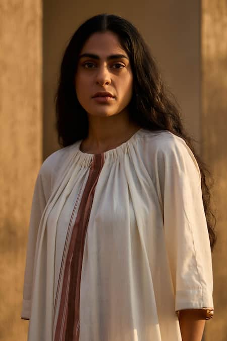 Shop The Summer House Off White Handloom Cotton Round Neck Handwoven Striped Midi Dress Online at Aza Fashions Shop_The Summer House_Off White Handloom Cotton Round Neck Handwoven Striped Midi Dress_Online_at_Aza_Fashions