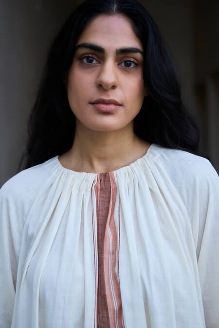 The Summer House Off White Handloom Cotton Round Neck Handwoven Striped Midi Dress at Aza Fashions The Summer House_Off White Handloom Cotton Round Neck Handwoven Striped Midi Dress_at_Aza_Fashions