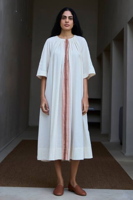 Buy The Summer House Off White Handloom Cotton Round Neck Handwoven Striped Midi Dress Buy_The Summer House_Off White Handloom Cotton Round Neck Handwoven Striped Midi Dress
