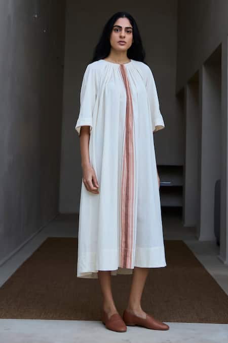 Shop The Summer House Off White Handloom Cotton Round Neck Handwoven Striped Midi Dress Shop_The Summer House_Off White Handloom Cotton Round Neck Handwoven Striped Midi Dress
