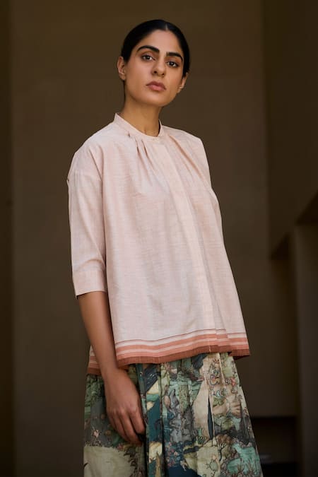 The Summer House_Pink Cotton Round Neck Clay Handwoven Top _Online_at_Aza_Fashions