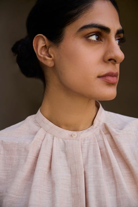 The Summer House_Pink Cotton Round Neck Clay Handwoven Top _at_Aza_Fashions