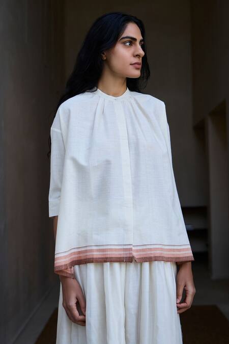 The Summer House Off White Cotton Round Neck Pele Placement Stripe Pattern Top Online at Aza Fashions The Summer House_Off White Cotton Round Neck Pele Placement Stripe Pattern Top_Online_at_Aza_Fashions