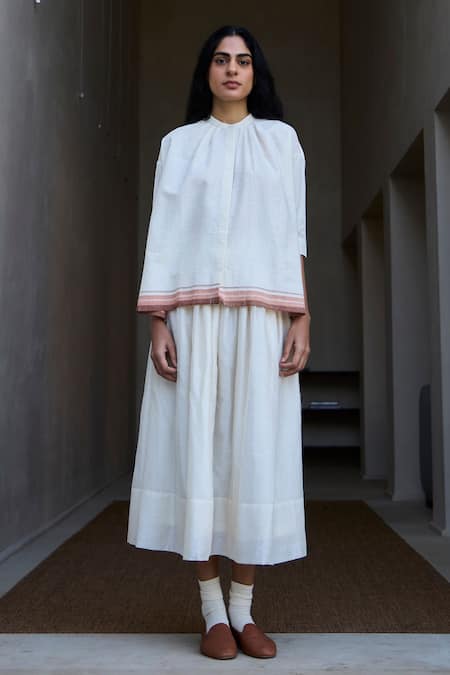 Shop The Summer House Off White Cotton Round Neck Pele Placement Stripe Pattern Top at Aza Fashions Shop_The Summer House_Off White Cotton Round Neck Pele Placement Stripe Pattern Top_at_Aza_Fashions