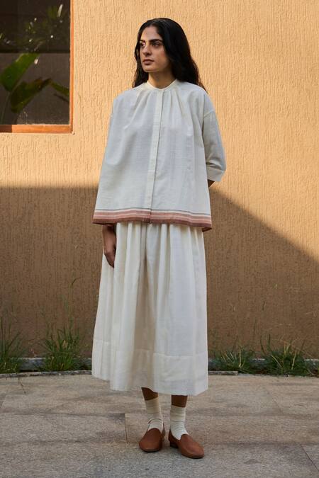 The Summer House Off White Cotton Round Neck Pele Placement Stripe Pattern Top at Aza Fashions The Summer House_Off White Cotton Round Neck Pele Placement Stripe Pattern Top_at_Aza_Fashions