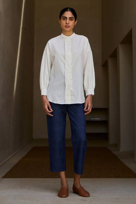 The Summer House Off White Cotton Embroidery Round Neck Floral Hand Shirt Online at Aza Fashions The Summer House_Off White Cotton Embroidery Round Neck Floral Hand Shirt _Online_at_Aza_Fashions