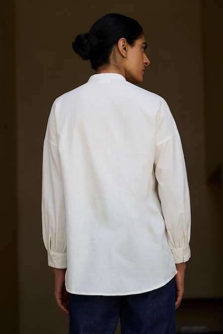 Shop The Summer House Off White Cotton Embroidery Round Neck Floral Hand Shirt at Aza Fashions Shop_The Summer House_Off White Cotton Embroidery Round Neck Floral Hand Shirt _at_Aza_Fashions