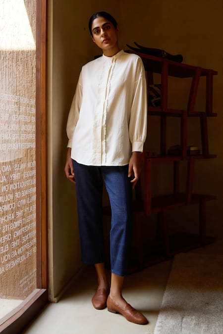 Shop The Summer House Off White Cotton Embroidery Round Neck Floral Hand Shirt Online at Aza Fashions Shop_The Summer House_Off White Cotton Embroidery Round Neck Floral Hand Shirt _Online_at_Aza_Fashions