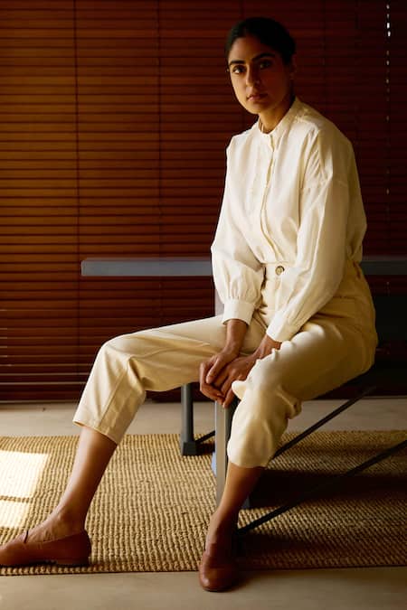 The Summer House Off White Cotton Embroidery Round Neck Floral Hand Shirt at Aza Fashions The Summer House_Off White Cotton Embroidery Round Neck Floral Hand Shirt _at_Aza_Fashions