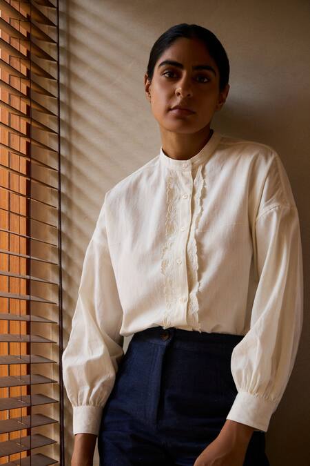 Buy The Summer House Off White Cotton Embroidery Round Neck Floral Hand Shirt Buy_The Summer House_Off White Cotton Embroidery Round Neck Floral Hand Shirt