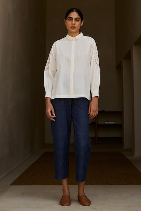 The Summer House Off White Handloom Cotton Embroidery Collared Floral Cutwork Handwoven Shirt Online at Aza Fashions The Summer House_Off White Handloom Cotton Embroidery Collared Floral Cutwork Handwoven Shirt _Online_at_Aza_Fashions