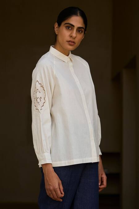 Buy The Summer House Off White Handloom Cotton Embroidery Collared Floral Cutwork Handwoven Shirt Online at Aza Fashions Buy_The Summer House_Off White Handloom Cotton Embroidery Collared Floral Cutwork Handwoven Shirt _Online_at_Aza_Fashions