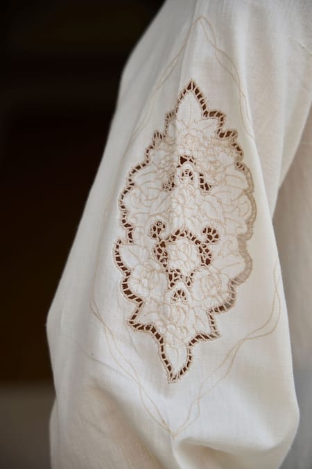 Shop The Summer House Off White Handloom Cotton Embroidery Collared Floral Cutwork Handwoven Shirt Online at Aza Fashions Shop_The Summer House_Off White Handloom Cotton Embroidery Collared Floral Cutwork Handwoven Shirt _Online_at_Aza_Fashions