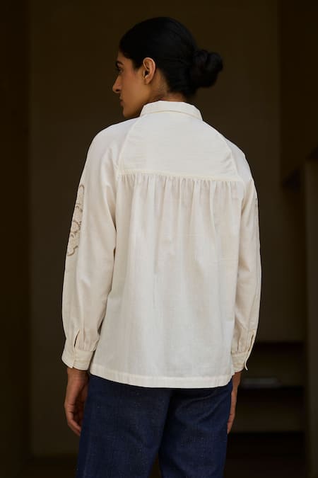 Shop The Summer House Off White Handloom Cotton Embroidery Collared Floral Cutwork Handwoven Shirt at Aza Fashions Shop_The Summer House_Off White Handloom Cotton Embroidery Collared Floral Cutwork Handwoven Shirt _at_Aza_Fashions