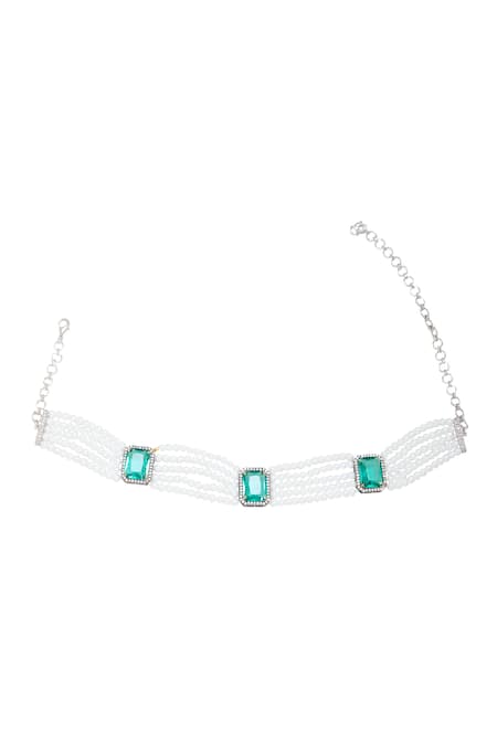 Shop Moh-Maya By Disha Khatri Emerald Green Pearls, Stones, Crystals Choker And Earring Set at Aza Fashions Shop_Moh-Maya By Disha Khatri_Emerald Green Pearls, Stones, Crystals Choker And Earring Set _at_Aza_Fashions