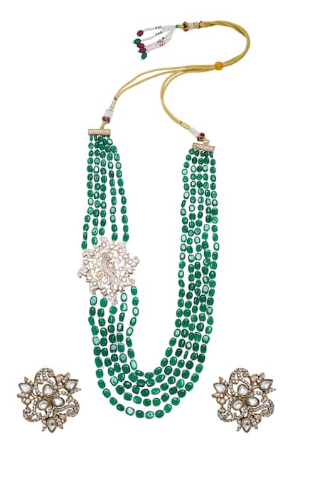 Shop Moh-Maya By Disha Khatri Green Beads, Diamonds Moissanite Polki Necklace Set at Aza Fashions Shop_Moh-Maya By Disha Khatri_Green Beads, Diamonds Moissanite Polki Necklace Set _at_Aza_Fashions