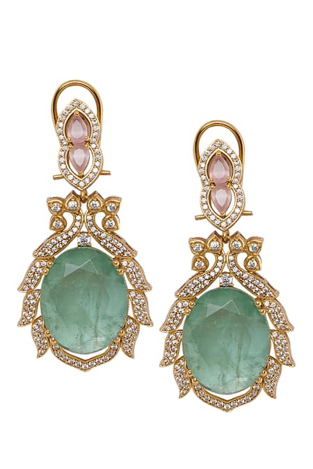 Moh-Maya By Disha Khatri_Green Stones, Crystals Gold Plated And Cubic Zirconia Jewelry Set _at_Aza_Fashions