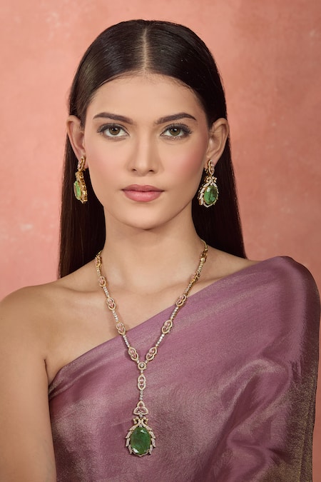 Buy_Moh-Maya By Disha Khatri_Green Stones, Crystals Gold Plated And Cubic Zirconia Jewelry Set 