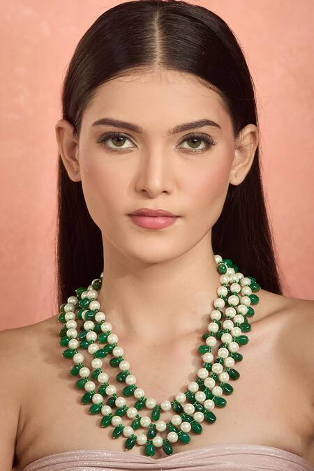 Moh-Maya By Disha Khatri Green Layered Necklace With Agate Beads Online at Aza Fashions Moh-Maya By Disha Khatri_Green Layered Necklace With Agate Beads _Online_at_Aza_Fashions