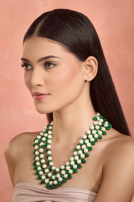 Shop Moh-Maya By Disha Khatri Green Layered Necklace With Agate Beads Online at Aza Fashions Shop_Moh-Maya By Disha Khatri_Green Layered Necklace With Agate Beads _Online_at_Aza_Fashions
