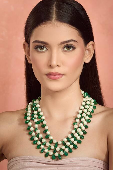 Moh-Maya By Disha Khatri Green Layered Necklace With Agate Beads at Aza Fashions Moh-Maya By Disha Khatri_Green Layered Necklace With Agate Beads _at_Aza_Fashions
