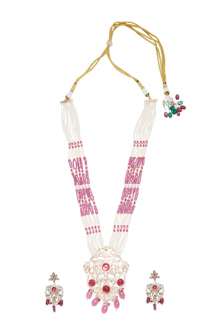 Shop Moh-Maya By Disha Khatri Red Pearls, Crystals, Cut Work, Diamonds Gold Plated And Ruby Necklace Set at Aza Fashions Shop_Moh-Maya By Disha Khatri_Red Pearls, Crystals, Cut Work, Diamonds Gold Plated And Ruby Necklace Set _at_Aza_Fashions
