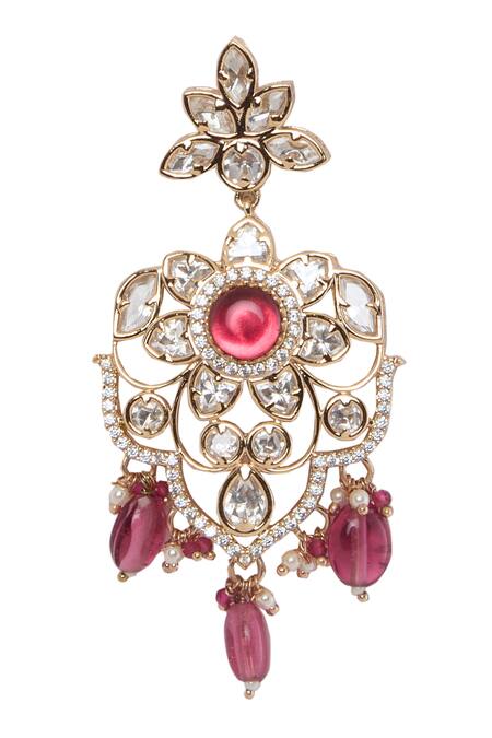 Shop Moh-Maya By Disha Khatri Red Pearls, Crystals, Cut Work, Diamonds Gold Plated And Ruby Necklace Set Online at Aza Fashions Shop_Moh-Maya By Disha Khatri_Red Pearls, Crystals, Cut Work, Diamonds Gold Plated And Ruby Necklace Set _Online_at_Aza_Fashions