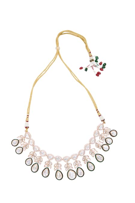 Moh-Maya By Disha Khatri_Gold Plated Metallic Thread, Zari Kundan Moissanite Leaf Necklace Set _at_Aza_Fashions