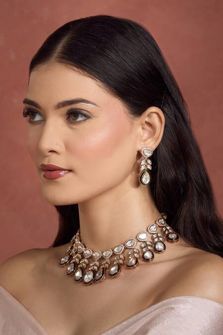 Buy_Moh-Maya By Disha Khatri_Gold Plated Metallic Thread, Zari Kundan Moissanite Leaf Necklace Set 