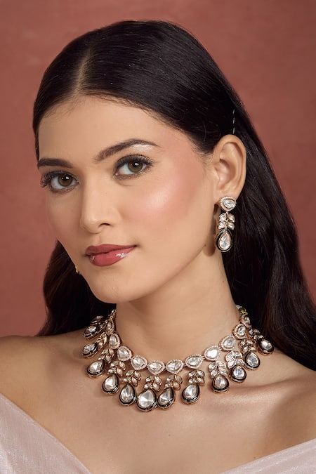 Moh-Maya by Disha Khatri Gold Plated Metallic Thread, Zari Kundan Moissanite Leaf Necklace Set 