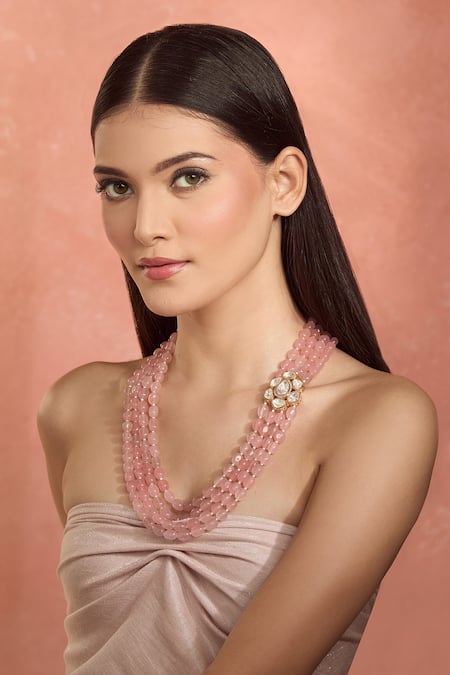 Moh-Maya By Disha Khatri_Pink Beads, Crystals Gold Plated Kundan Polki Long Necklace _Online_at_Aza_Fashions