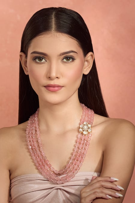 Buy_Moh-Maya By Disha Khatri_Pink Beads, Crystals Gold Plated Kundan Polki Long Necklace _Online_at_Aza_Fashions