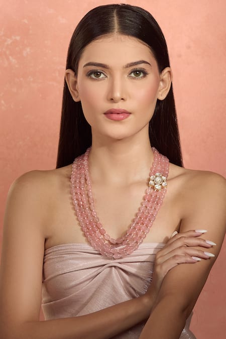 Shop_Moh-Maya By Disha Khatri_Pink Beads, Crystals Gold Plated Kundan Polki Long Necklace _Online_at_Aza_Fashions