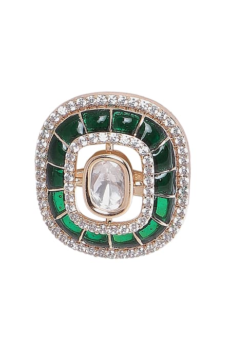 Shop Moh-Maya By Disha Khatri Emerald Green Crystals, Stones Kundan Cutwork Stud Earrings at Aza Fashions Shop_Moh-Maya By Disha Khatri_Emerald Green Crystals, Stones Kundan Cutwork Stud Earrings _at_Aza_Fashions