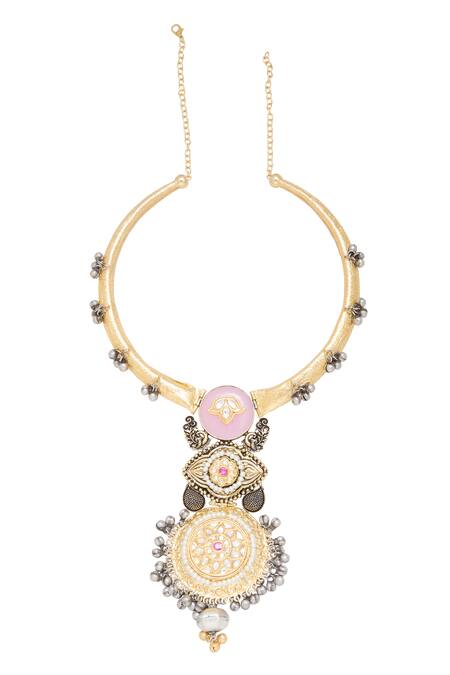 Moh-Maya By Disha Khatri_Multi Color Pearls, Stones, Beads Gold Plated Multicolor Pendant Choker _Online_at_Aza_Fashions