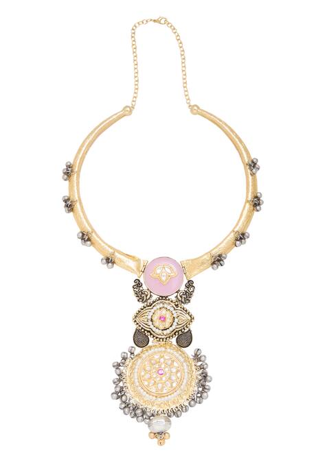 Shop_Moh-Maya By Disha Khatri_Multi Color Pearls, Stones, Beads Gold Plated Multicolor Pendant Choker _at_Aza_Fashions