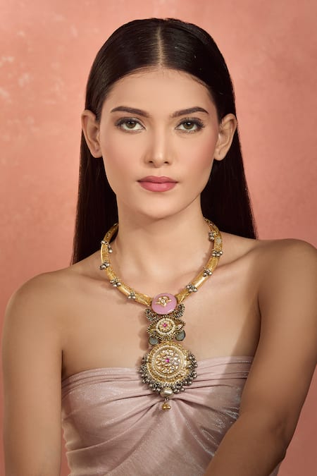 Buy_Moh-Maya By Disha Khatri_Multi Color Pearls, Stones, Beads Gold Plated Multicolor Pendant Choker _Online_at_Aza_Fashions