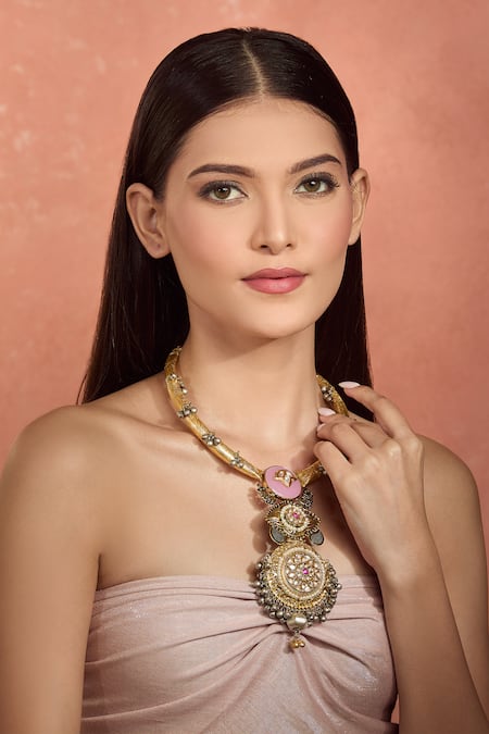 Moh-Maya By Disha Khatri_Multi Color Pearls, Stones, Beads Gold Plated Multicolor Pendant Choker _at_Aza_Fashions