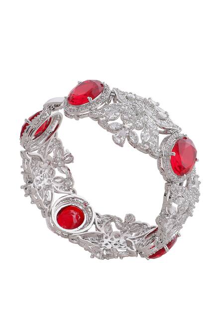 Moh-Maya By Disha Khatri_Red Stones Silver Plated Floral Carved Bracelet _Online_at_Aza_Fashions