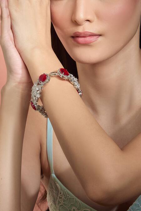 Buy_Moh-Maya By Disha Khatri_Red Stones Silver Plated Floral Carved Bracelet _Online_at_Aza_Fashions