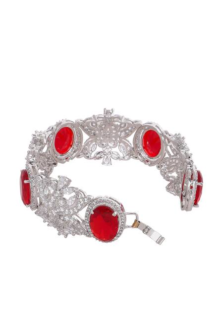 Shop_Moh-Maya By Disha Khatri_Red Stones Silver Plated Floral Carved Bracelet _Online_at_Aza_Fashions