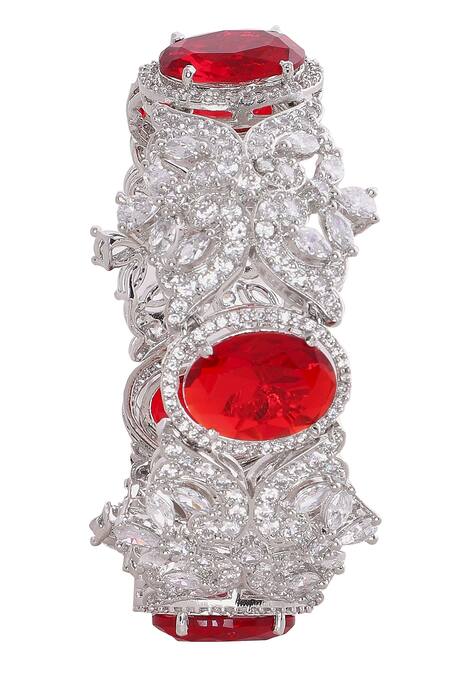 Moh-Maya By Disha Khatri_Red Stones Silver Plated Floral Carved Bracelet _at_Aza_Fashions