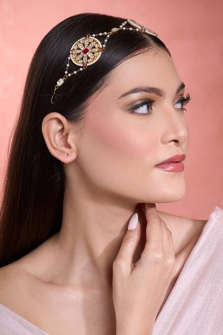 Buy Moh-Maya By Disha Khatri Red Pearls, Stones Ruby Moissanite Plait Accessory Online at Aza Fashions Buy_Moh-Maya By Disha Khatri_Red Pearls, Stones Ruby Moissanite Plait Accessory _Online_at_Aza_Fashions