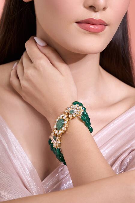 Buy_Moh-Maya By Disha Khatri_Emerald Green Moissanite Pearl Bracelet _Online_at_Aza_Fashions