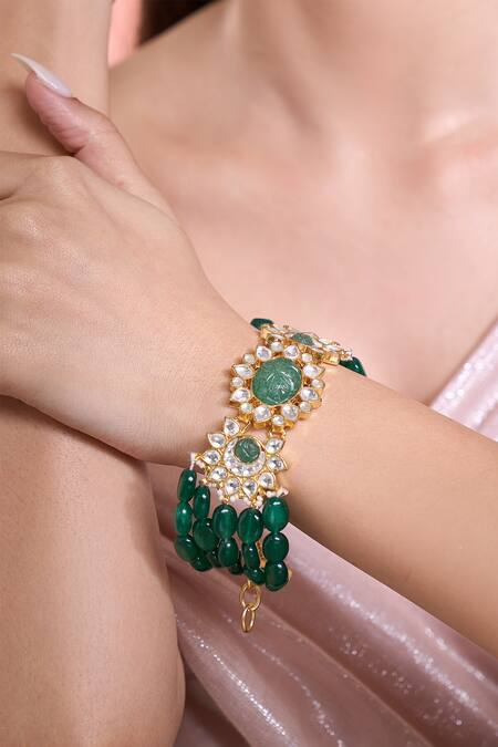 Shop_Moh-Maya By Disha Khatri_Emerald Green Moissanite Pearl Bracelet _Online_at_Aza_Fashions