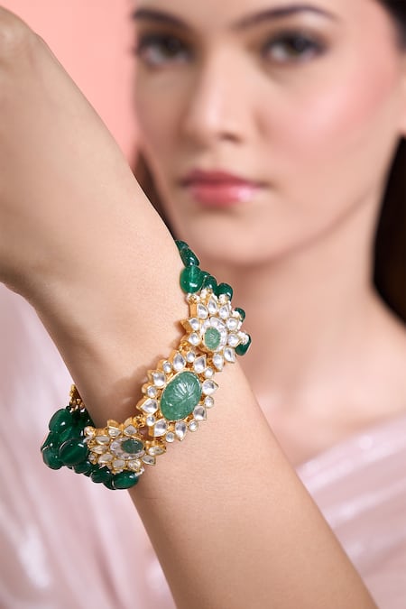 Moh-Maya By Disha Khatri_Emerald Green Moissanite Pearl Bracelet _at_Aza_Fashions